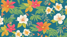 Retro Aloha Pattern With Painted Leaves And Blossoms That Exude A Natural And Exotic Feel, Capturing The Essence Of Summer In A Playful And Charming Way - Generative AI