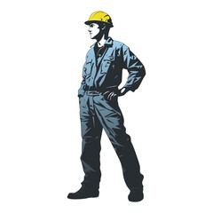 Poster - Construction worker poses wearing helmet and blue work overall. Warehouse worker in uniform. Transparent PNG. Retro clipart. Worker silhouette. Abstract vector illustration isolated on white