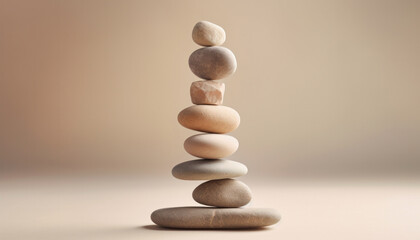 Spa, balance, meditation and zen minimal modern concept. Stack of stone pebbles against beige wall for design and presentation.