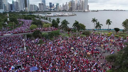 Wall Mural - Aerial views from over the protesters on Avenida Balboa protesting against the First Quantum Copper mining contract, downtown Panama City, Panama