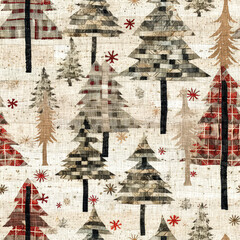 Wall Mural - Old-Fashioned christmas tree with primitive hand sewing fabric effect. Cozy nostalgic homespun winter hand made crafts style seamless pattern.