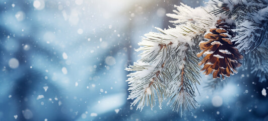 Wall Mural - Snow-covered spruce branch with a cone in the forest on a blurred background during snowfall