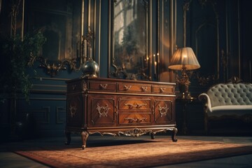 Poster - A wooden chest of drawers sitting on top of a rug. This image can be used to showcase home decor, interior design, or furniture options.