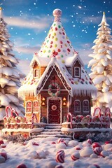 Wall Mural - A festive Christmas scene featuring a ginger house surrounded by trees. This picture can be used to capture the holiday spirit and the joy of Christmas celebrations.