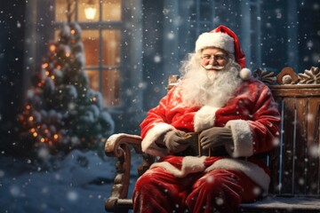 Poster - A picture of Santa Claus sitting on a bench in the snow. This image can be used for various holiday-themed designs and promotions.