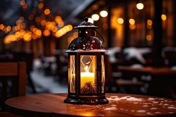 Poster - A lit candle sitting on top of a wooden table. Perfect for adding a cozy and warm atmosphere to any space.