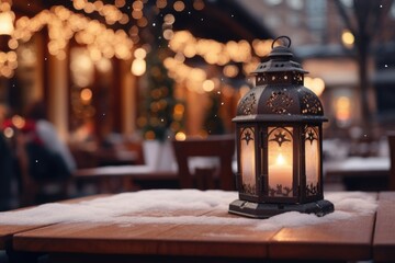 Poster - A lantern sitting on top of a wooden table. This versatile image can be used to add a warm and cozy atmosphere to various design projects.