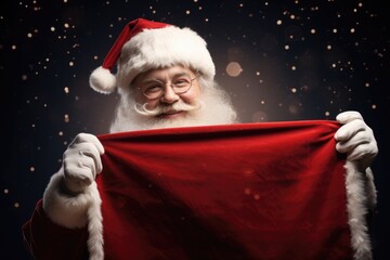 Poster - A man dressed as Santa Claus holding a vibrant red cloth. Perfect for holiday-themed designs or Christmas promotions
