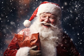 Poster - A man dressed as Santa Claus holding a bag of presents. Perfect for holiday-themed designs and Christmas promotions