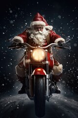 Poster - Santa Claus is pictured riding a motorcycle in the snow. This image can be used for Christmas-themed designs and holiday promotions