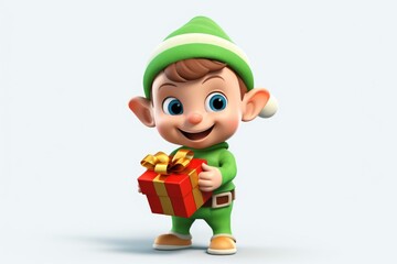 Poster - A cute cartoon elf holding a brightly wrapped gift box. Perfect for holiday and celebration themed designs