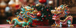 Traditional Chinese green red dragon figurines against a Christmas background. Symbol 2024. Banner