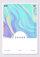 Poster - Holographic foil poster. Minimal style background for banner, social media post. Realistic iridescent rainbow invitation. Purple mesh hologram flyer. Abstract cover. Vector vibrant texture
