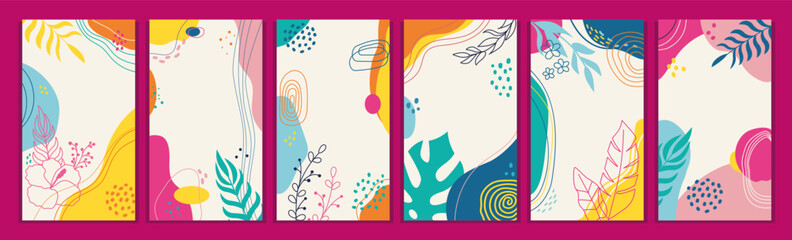 Poster - Summer backgrounds. Abstract tropical social media templates, modern trendy post with floral art. Hand drawn doodle frame design. Web banner. Botanical poster. Vector scribble patterns