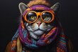 Portrait of a tiger wearing a scarf and sunglasses on a black background
