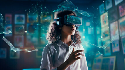 Wall Mural - smart curious schoolgirl pupil with vr glasses googles studying the contemporary art and paintings i