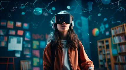 Wall Mural - smart curious schoolgirl pupil with vr glasses googles studying the contemporary art and paintings i