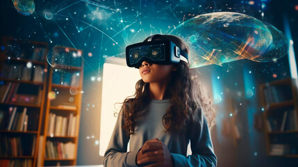 Wall Mural - smart school girl pupil with vr glasses googles studying the astronomy space and neural connections 