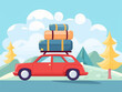 © Aisyaqilumar - 2D flat image of traveling by car with several bags tied on the roof. Will go through a long journey. Nature background.