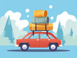 © Aisyaqilumar - 2D flat image of traveling by car with several bags tied on the roof. Will go through a long journey. Nature background.
