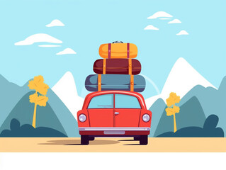 2D flat image of traveling by car with several bags tied on the roof. Will go through a long journey. Nature background.