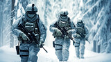 Fototapeta  - Armed special forces on their winter mission walks in snowy forest. Postproducted generative AI illustration.