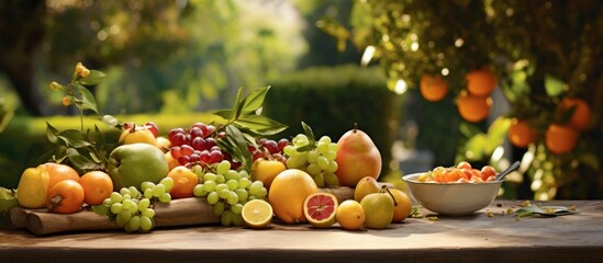 Wall Mural - In the background of a lush green garden a wooden table is set with an assortment of fresh fruits including crisp apples and juicy oranges invitingly displaying the vibrant colors of summer 