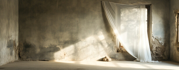 Wall Mural - vintage old cement wall with white widow cloth, The sun's rays came in through the window, Generative AI.