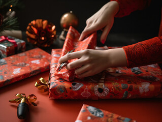 Close-up of hands wrapping Christmas gifts with festive wrapping paper and ribbons