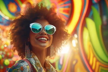 Fashion woman in neon light, portrait of beauty model with fluorescent colour and makeup. Sunglasses. Sustainable Reused Slow Fashion.