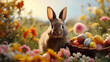 Cute Easter bunny with basket of eggs and spring flowers on nature background