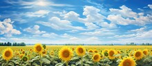 In The Beautiful Summer Landscape Surrounded By A Sea Of Agriculture The Colorful Flowers Bloom Under The Endless Blue Sky With Sunflowers Standing Tall Creating A Gorgeous And Vibrant Botan