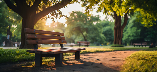 wooden bench at the park Concept of green space for relaxation