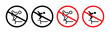 Don't jump forbidden vector icon set. Do not jump in pool sign in black filled and outlined style.