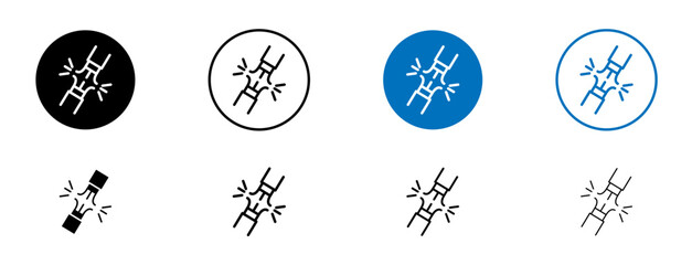 Electric cable short circuit vector icon set. Broken wire symbol in black filled and outlined style.