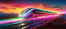 Colorful Holographic High-speed Train On Dark Background. AI Generated Image