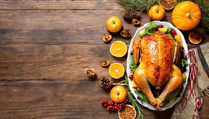 Thanksgiving whole roast turkey and citrus fruit on brown wood plank table, flat lay with copyspace, top view, fall food cooking