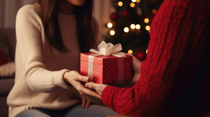 Wall Mural - Two people exchanging a festive gift box against the backdrop of a warmly lit Christmas tree.