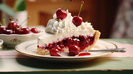 Wall Mural - Delicious triangular slice of cherry pie with shortbread dough and whipped cream custard. A berry dessert portion with caramelized cherry berries.