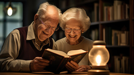 Sticker - Elderly couple sitting closely, smiling and sharing a joyful moment while reading a book together