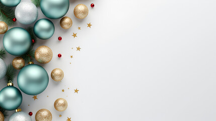 Wall Mural - Christmas and New Year holiday frame with Christmas tree branches, gold and turquoise baubles on a white background. Flat lay, top view, copy space for text. Christmas banner mockup.
