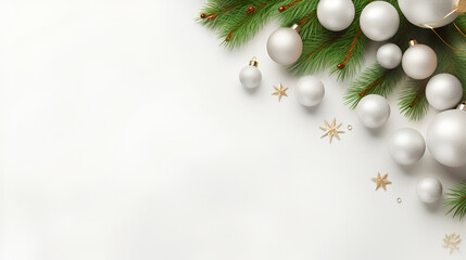 Wall Mural - Christmas festive monochrome frame with Christmas tree branches, white baubles on a white background. Flat lay, top view, copy space for text. Christmas banner mockup.