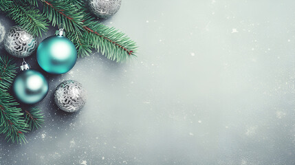 Wall Mural - Christmas and New Year holiday frame with Christmas tree branches, gold and turquoise baubles on a gray concrete background. Flat lay, top view, copy space for text. Christmas banner mockup.