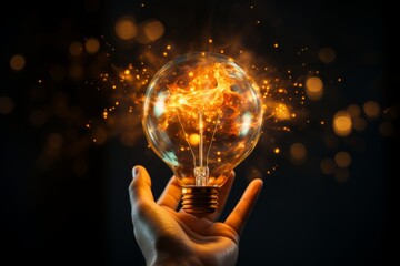 Creative idea innovation brainstorming with electric bulb in hand, infographics background