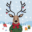 Christmas vector illustration. Cute deer wearing a scarf staying on snow mountains in the winter with gifts