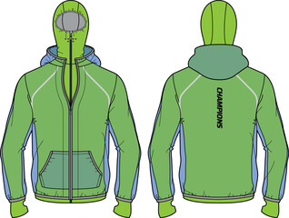 Wall Mural - Tech shell runner Hoodie jacket with windcheater design flat sketch Illustration, Compression Hooded jacket with front and back view, Thermal winter jacket for Men and women for Running and workout
