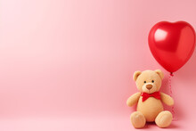 Cute Teddy Bears Holding Red Heart Ball On Pink Background