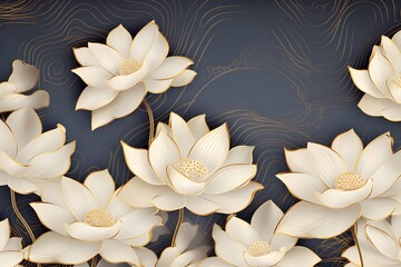 Wall Mural - Luxury wallpaper design with Golden lotus and natural background. Lotus line arts design for wall arts, fabric, prints and background texture, Vector illustration. 