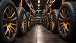 Car tires in the shop. Auto service industry. Selective focus.  3d rendering of car tires in a car repair service station. Rows of car tires in warehouse.  