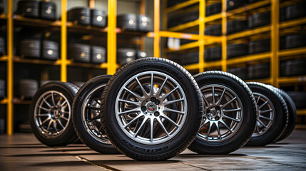 Wall Mural - Car tires in the shop. Auto service industry. Selective focus.  3d rendering of car tires in a car repair service station. Rows of car tires in warehouse.  